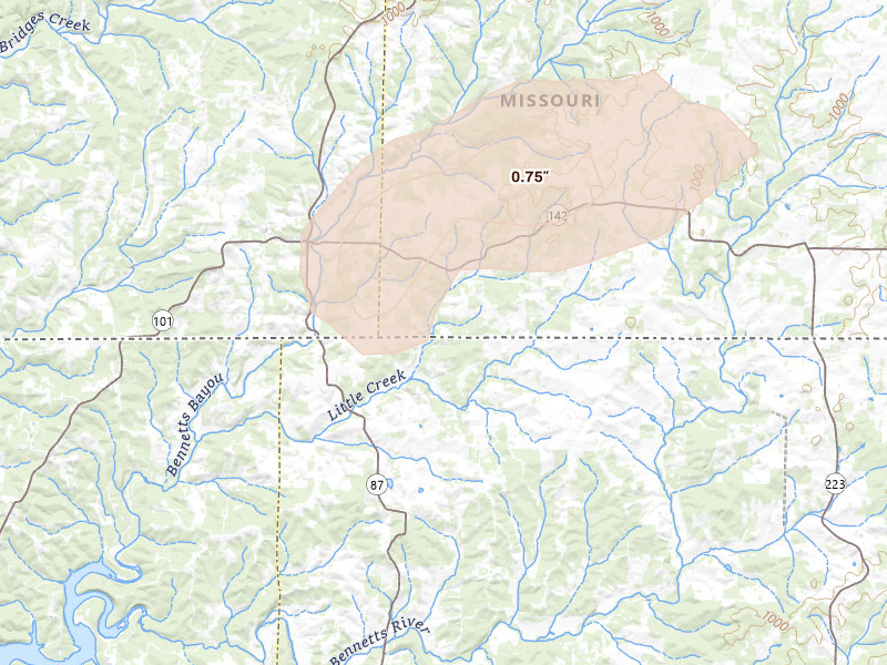 Radar-estimated hail-size map of the storm over Bakersfield, MO on Apr 16, 2026