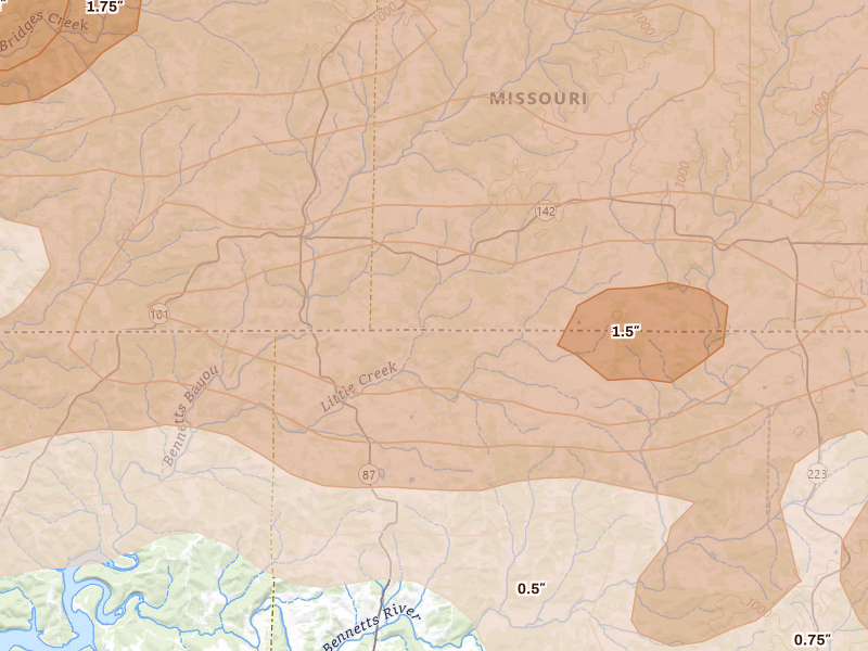 Radar-estimated hail-size map of the storm over Bakersfield, MO on Apr 27, 2026