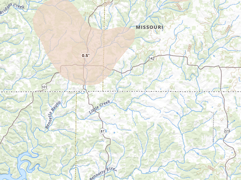 Radar-estimated hail-size map of the storm over Bakersfield, MO on Aug 26, 2026