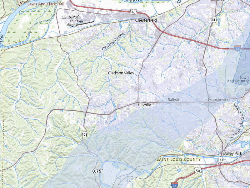 NEXRAD radar-signature map of the hail over Ballwin, MO