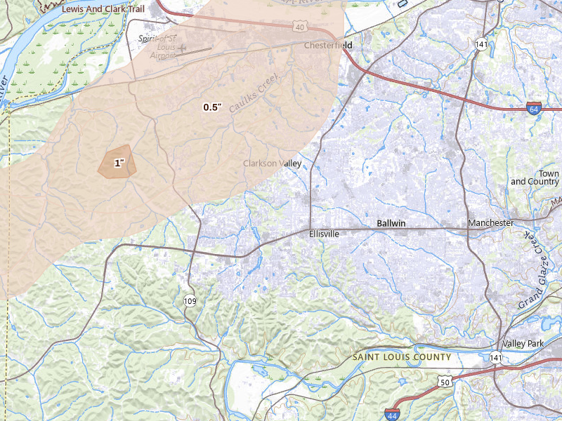 Radar-estimated hail-size map of the storm over Ballwin, MO on Apr 17, 2026