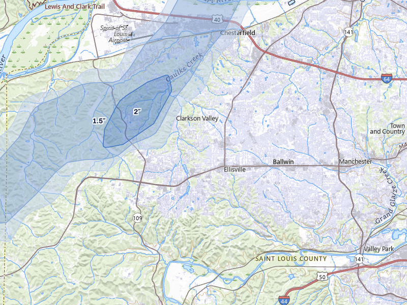 NEXRAD radar-signature map of the hail over Ballwin, MO