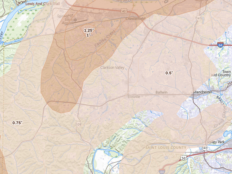 Radar-estimated hail-size map of the storm over Ballwin, MO on Apr 27, 2026