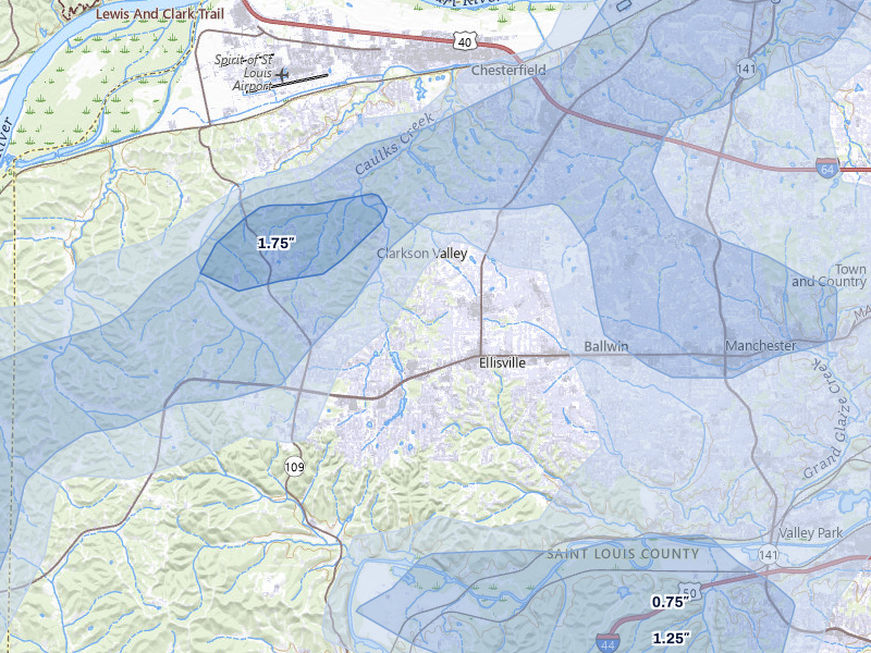 NEXRAD radar-signature map of the hail over Ballwin, MO