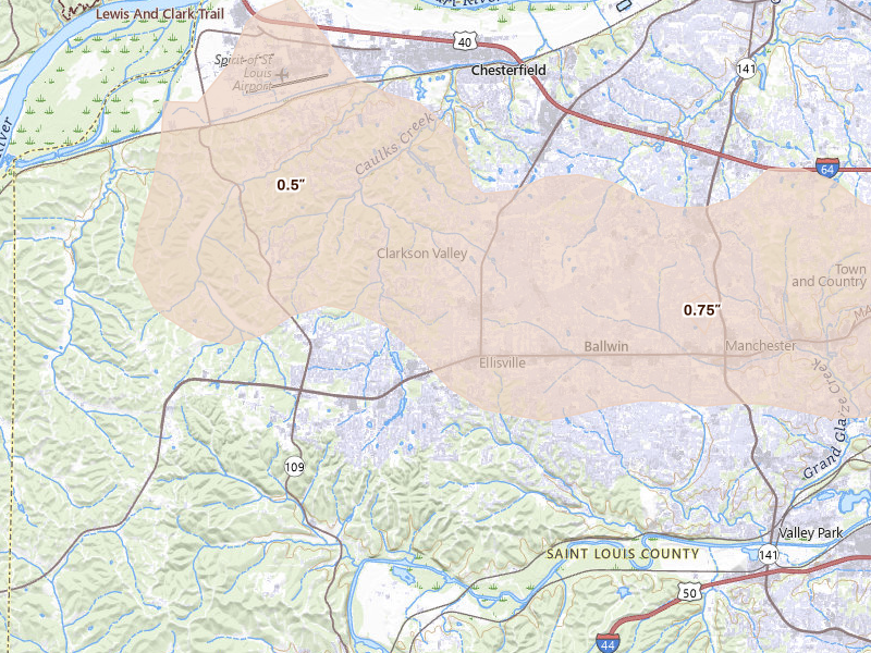 Radar-estimated hail-size map of the storm over Ballwin, MO on May 31, 2026