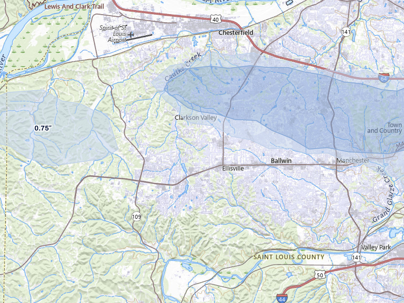 NEXRAD radar-signature map of the hail storm over Ballwin, MO on May 31, 2026