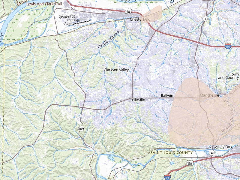Radar-estimated hail-size map of the storm over Ballwin, MO on Jun 11, 2026