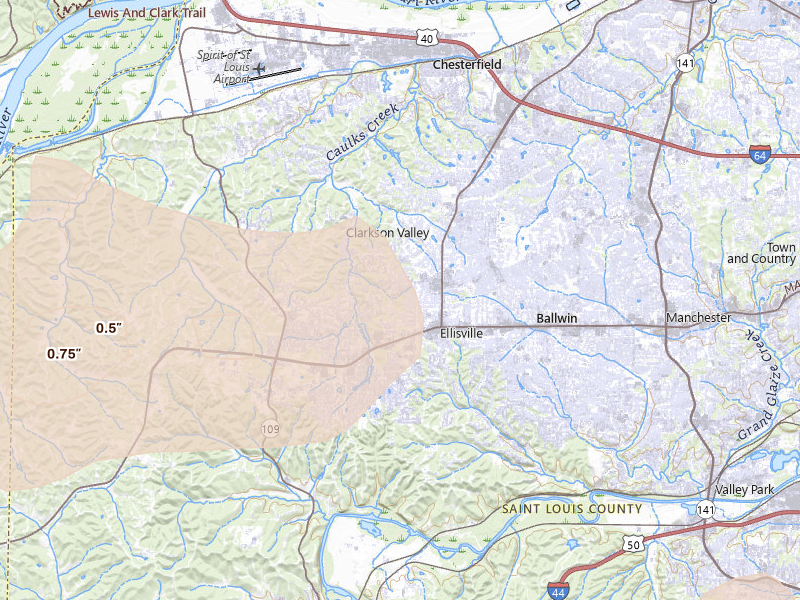 Radar-estimated hail-size map of the storm over Ballwin, MO on Jul 4, 2026