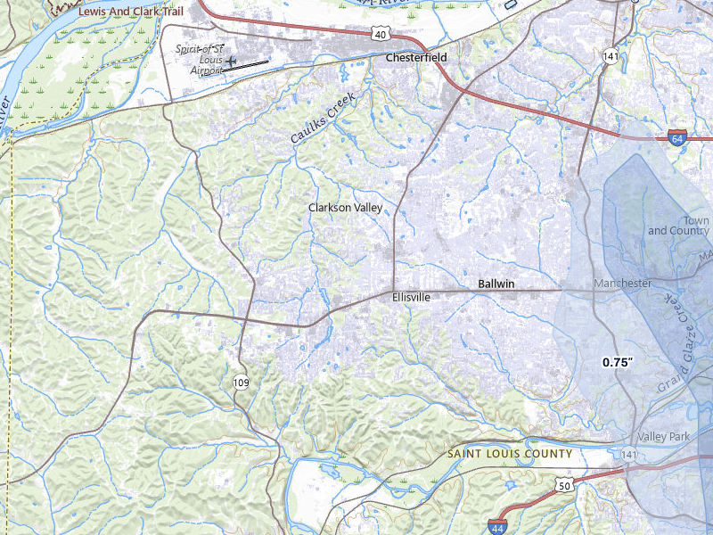 NEXRAD radar-signature map of the hail storm over Ballwin, MO on Jul 27, 2026