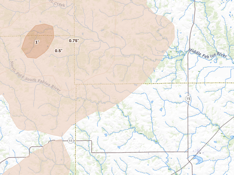 Radar-estimated hail-size map of the storm over Baring, MO on Jun 10, 2026