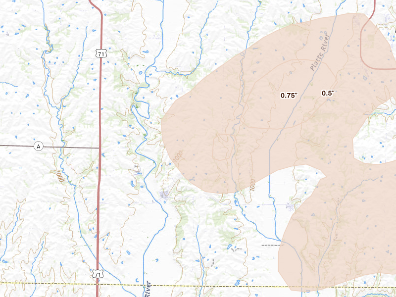 Radar-estimated hail-size map of the storm over Barnard, MO on May 16, 2026