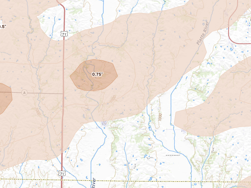 Radar-estimated hail-size map of the storm over Barnard, MO on Jun 10, 2026