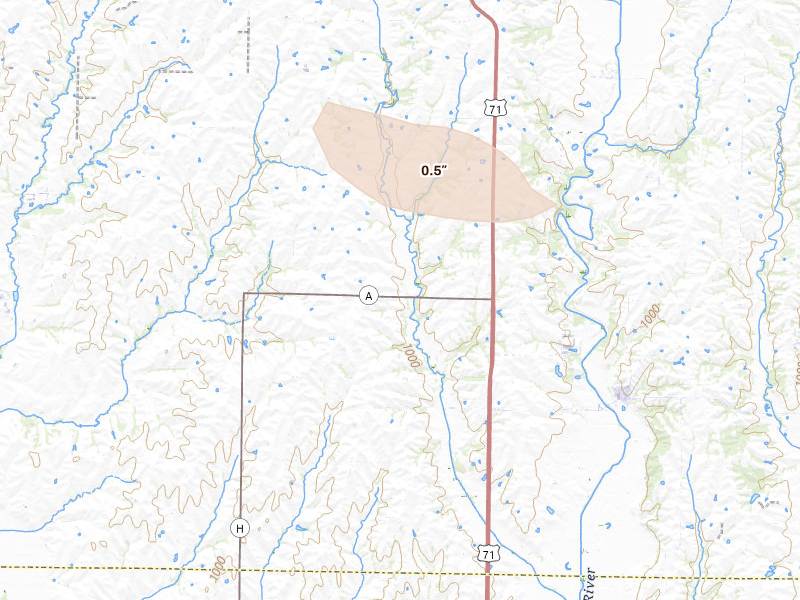 Radar-estimated hail-size map of the storm over Barnard, MO on Aug 9, 2026