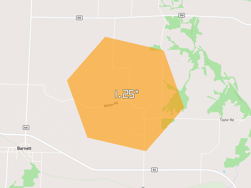 Hail map of Barnett, MO on Jul 4, 2026, hail up to 1.25"