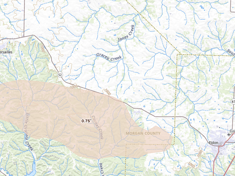 Radar-estimated hail-size map of the storm over Barnett, MO on Jul 10, 2026