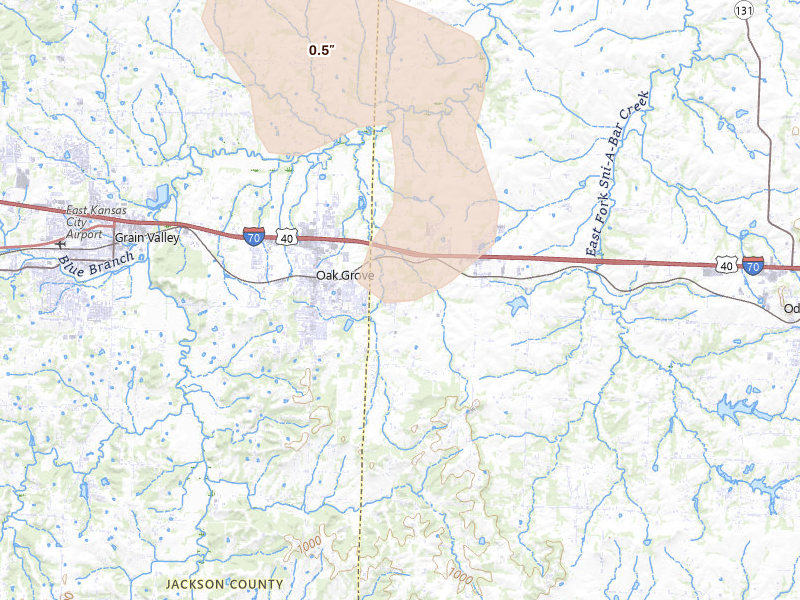 Radar-estimated hail-size map of the storm over Bates City, MO on May 31, 2026