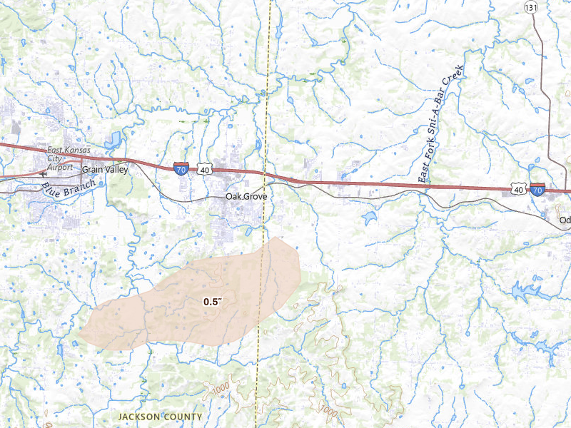 Radar-estimated hail-size map of the storm over Bates City, MO on Jun 12, 2026
