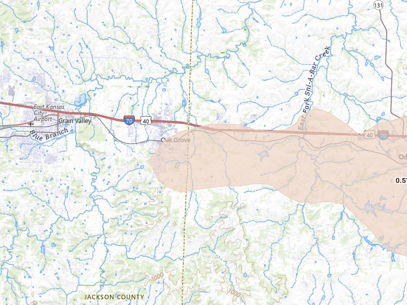 Radar-estimated hail-size map of the storm over Bates City, MO on Aug 5, 2026