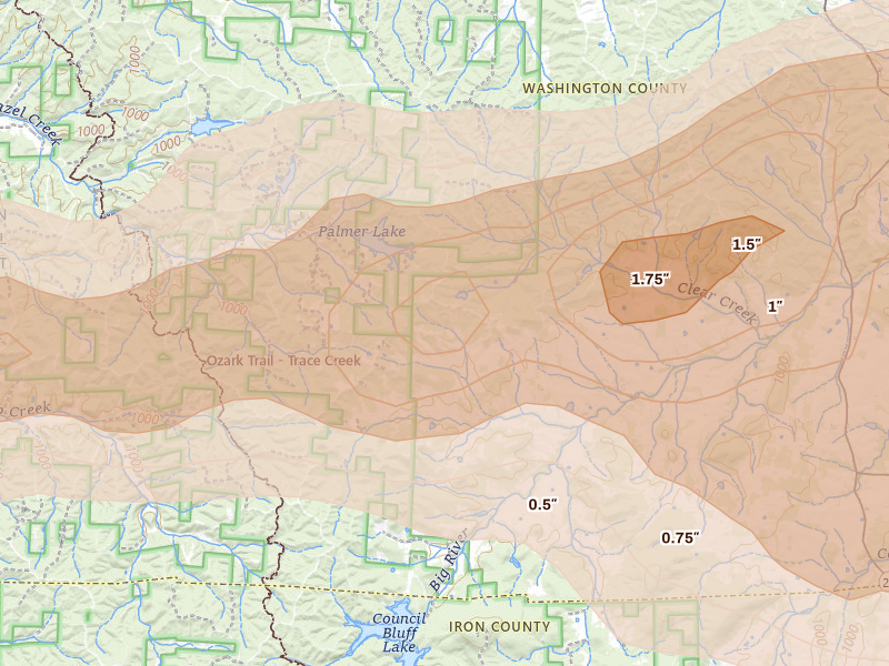 Radar-estimated hail-size map of the storm over Belgrade, MO on Apr 26, 2026