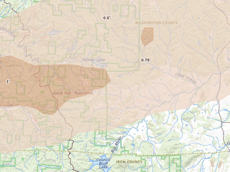 Radar-estimated hail-size map of the storm over Belgrade, MO on Apr 27, 2026