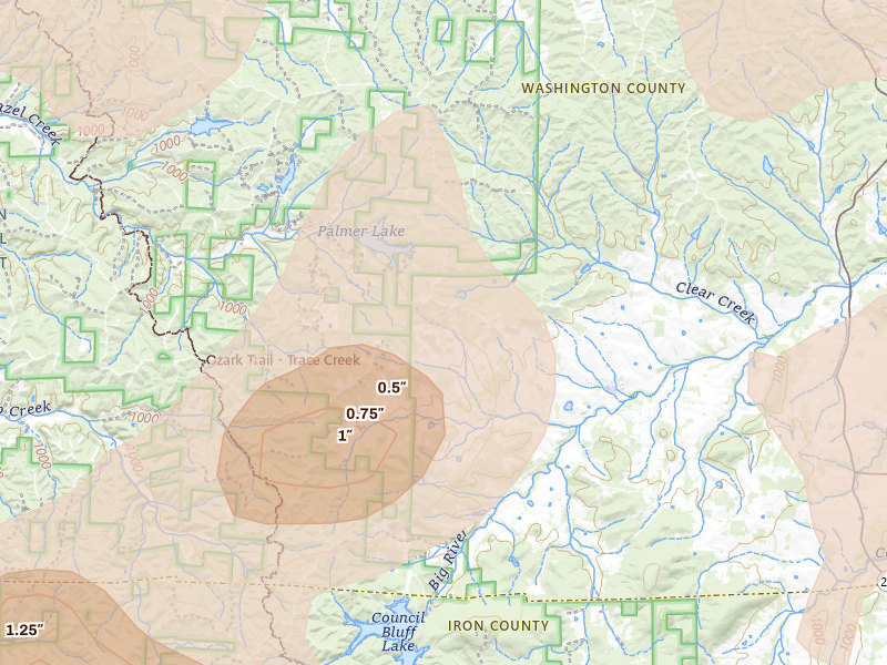 Radar-estimated hail-size map of the storm over Belgrade, MO on May 31, 2026