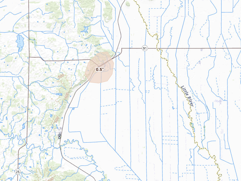 Radar-estimated hail-size map of the storm over Bell City, MO on Jul 7, 2026