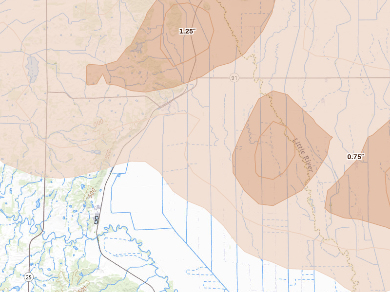 Radar-estimated hail-size map of the storm over Bell City, MO on Aug 19, 2026