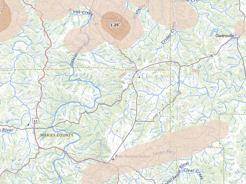 Radar-estimated hail-size map of the storm over Belle, MO on Apr 27, 2026