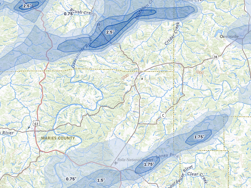 NEXRAD radar-signature map of the hail over Belle, MO