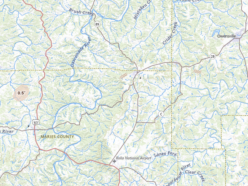 Radar-estimated hail-size map of the storm over Belle, MO on May 18, 2026