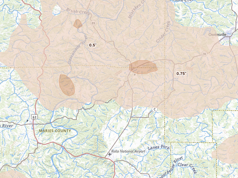 Radar-estimated hail-size map of the storm over Belle, MO on May 31, 2026