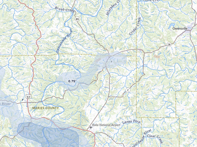 NEXRAD radar-signature map of the hail storm over Belle, MO on Jul 10, 2026