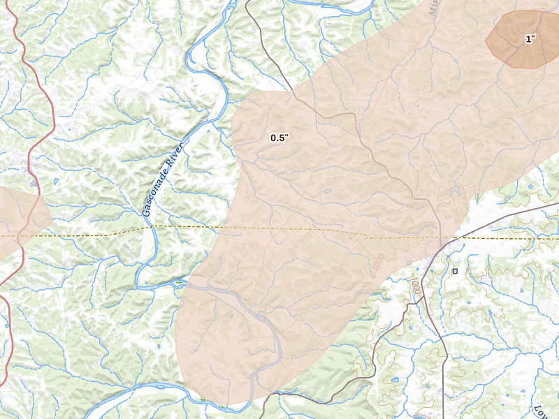Radar-estimated hail-size map of the storm over Belle, MO on Aug 16, 2026