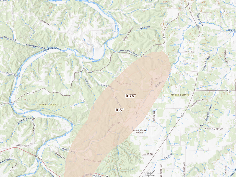 Radar-estimated hail-size map of the storm over Belle, MO on Sep 16, 2026