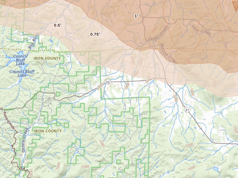 Radar-estimated hail-size map of the storm over Belleview, MO on Apr 26, 2026