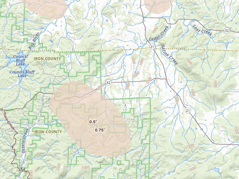 Radar-estimated hail-size map of the storm over Belleview, MO on Aug 25, 2026