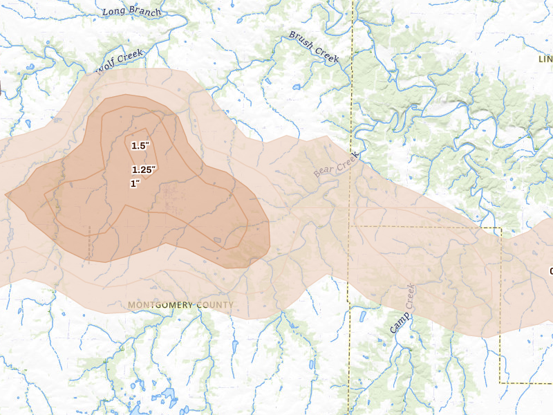 Radar-estimated hail-size map of the storm over Bellflower, MO on May 3, 2026