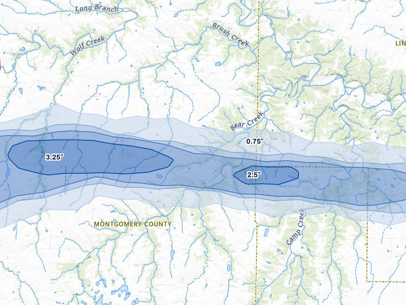 NEXRAD radar-signature map of the hail storm over Bellflower, MO on May 3, 2026