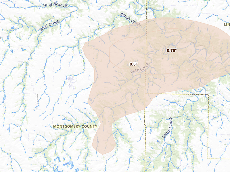 Radar-estimated hail-size map of the storm over Bellflower, MO on May 16, 2026