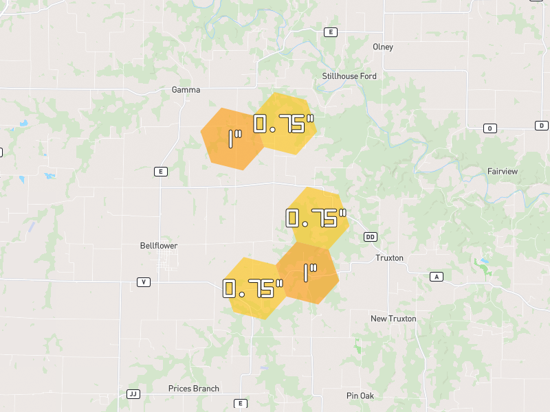 Hail map of Bellflower, MO on Jul 11, 2026, hail up to 1"