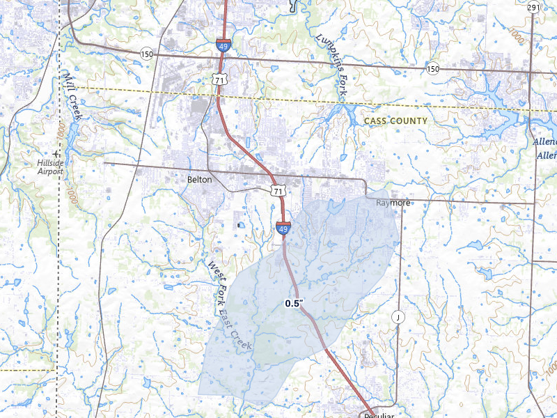 NEXRAD radar-signature map of the hail storm over Belton, MO on Mar 5, 2026