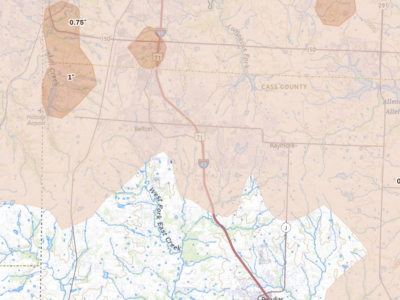 Radar-estimated hail-size map of the storm over Belton, MO on Apr 26, 2026