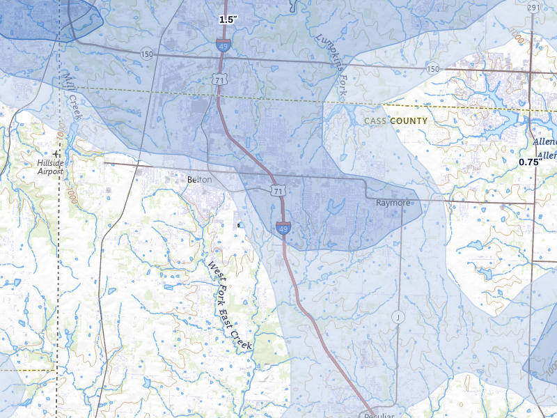 NEXRAD radar-signature map of the hail storm over Belton, MO on Apr 26, 2026