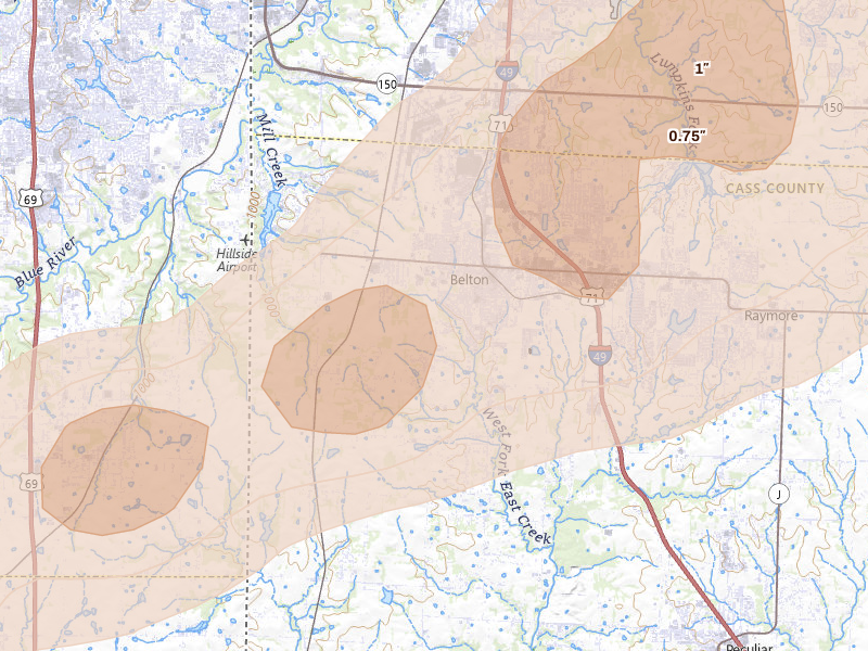 Radar-estimated hail-size map of the storm over Belton, MO on Aug 5, 2026