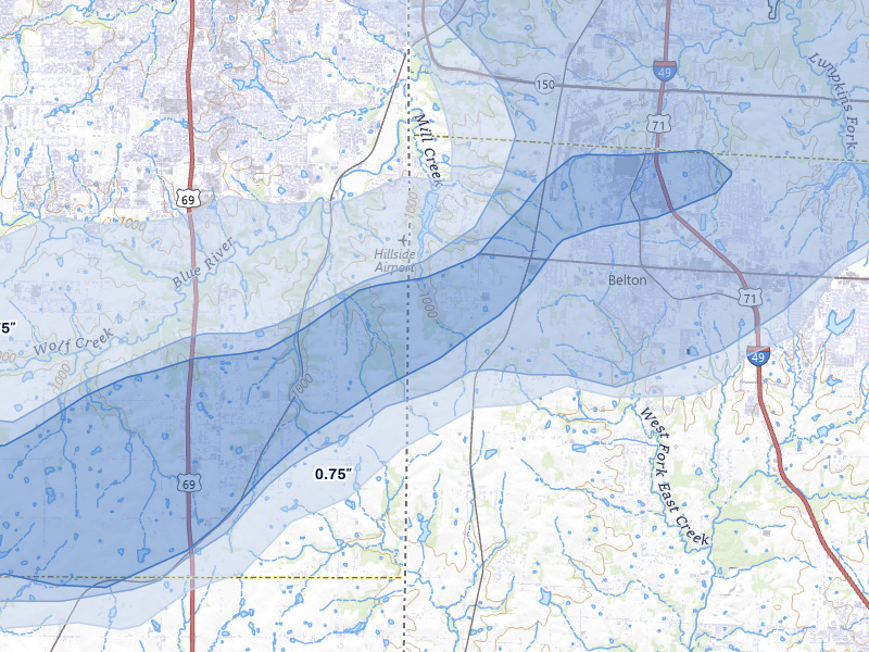 NEXRAD radar-signature map of the hail storm over Belton, MO on Aug 5, 2026