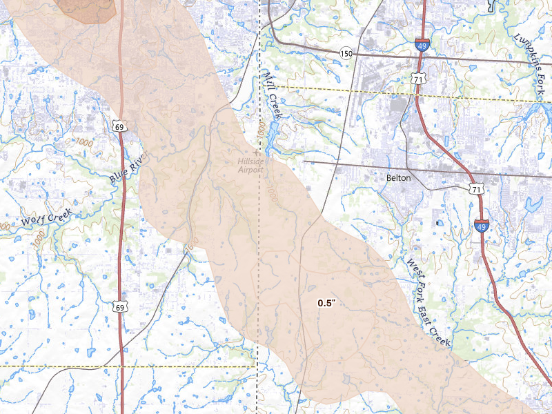 Radar-estimated hail-size map of the storm over Belton, MO on Aug 21, 2026
