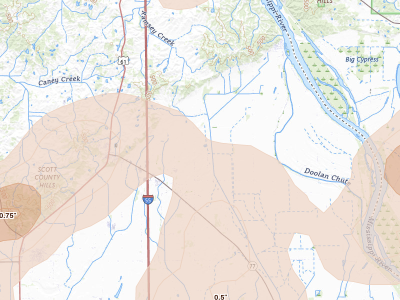 Radar-estimated hail-size map of the storm over Benton, MO on Apr 26, 2026