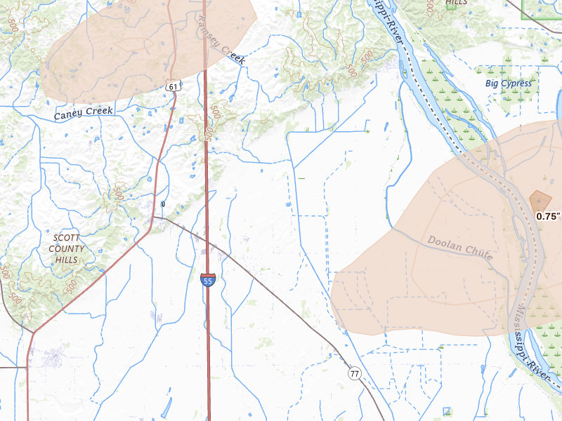 Radar-estimated hail-size map of the storm over Benton, MO on Jun 26, 2026