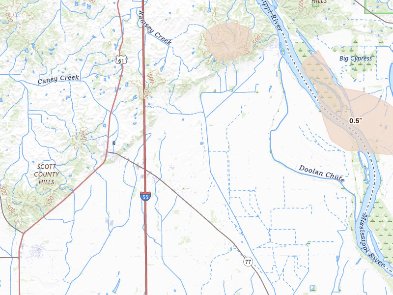 Radar-estimated hail-size map of the storm over Benton, MO on Jul 9, 2026