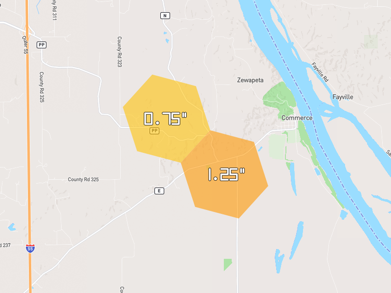 Hail map of Benton, MO on Jul 10, 2026, hail up to 1.25"